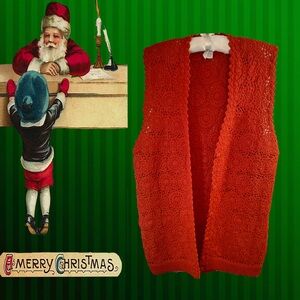 Vintage Cotton Crochet Vest Christmas Red Cotton Cottagecore Hippie Large NOS